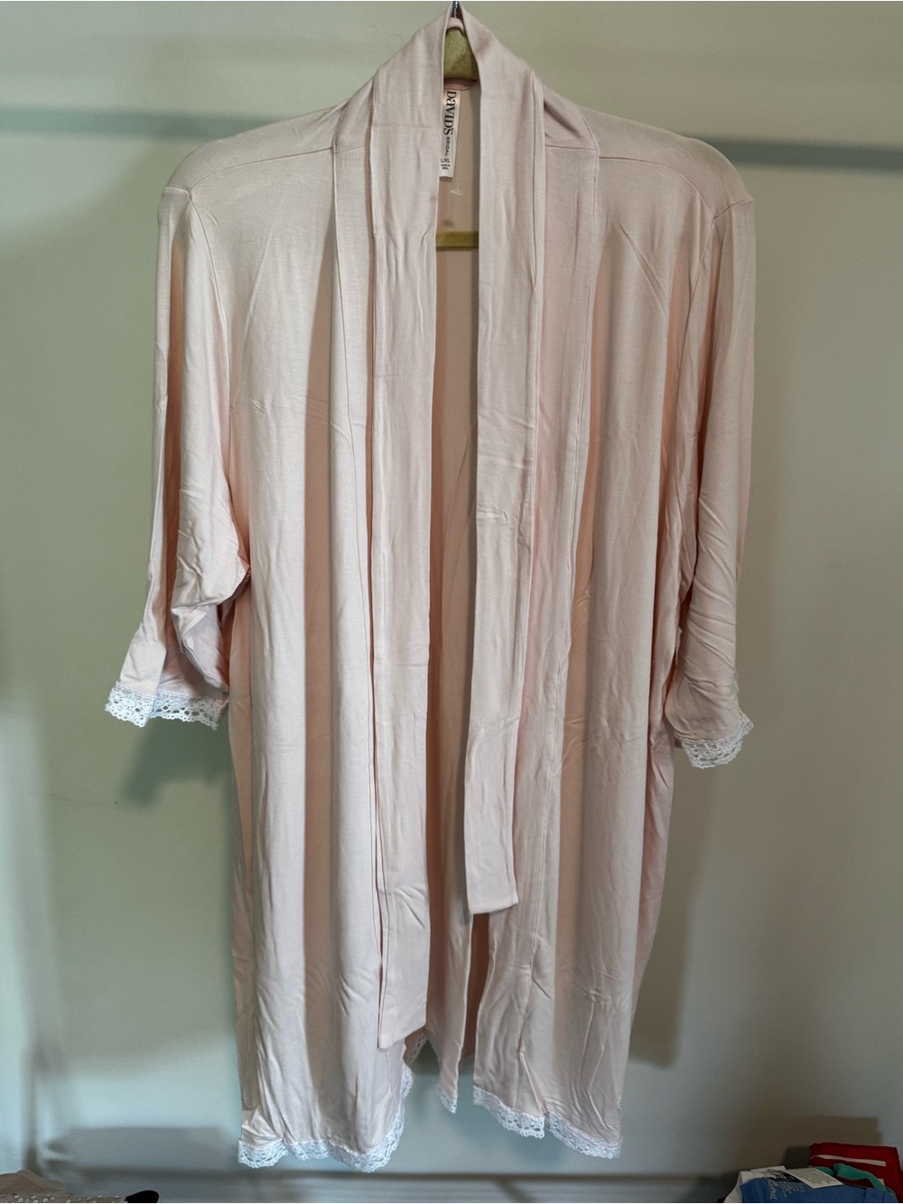 David’s Bridal Pink Knit Robe with Lace Edge